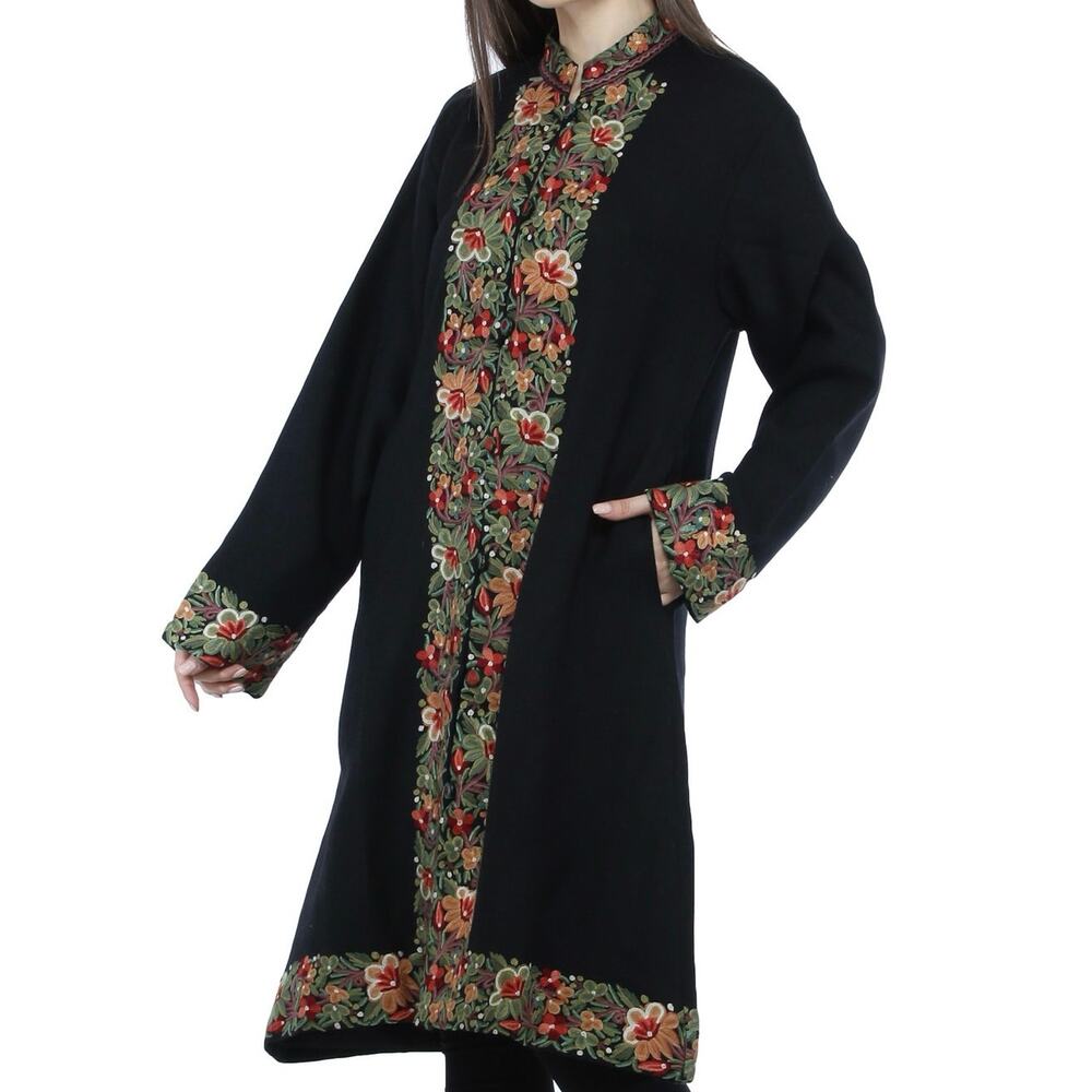 KASHMIR MOON Long Jacket with Aari Embroidered Flowers, Size Medium